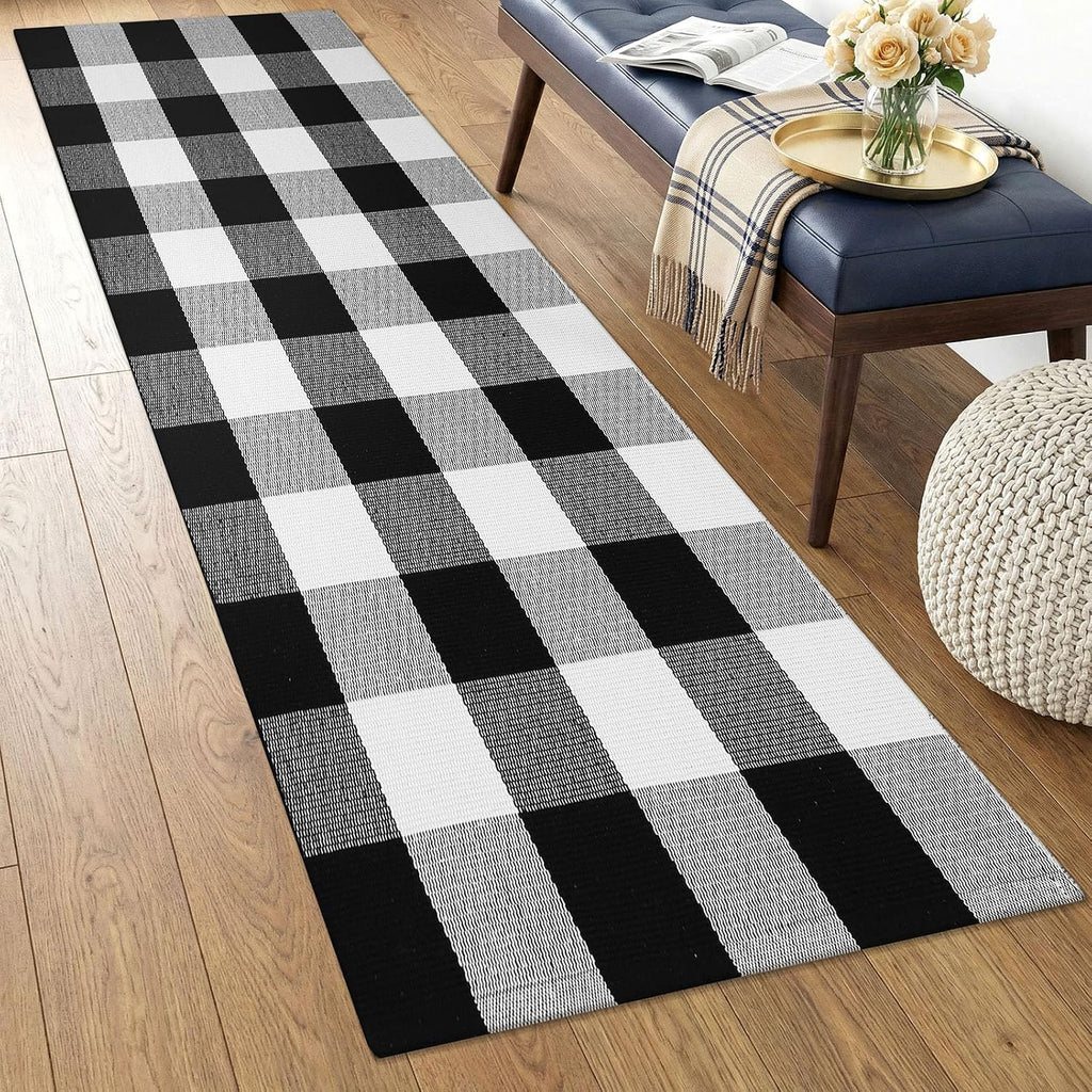 KOZYFLY Buffalo Plaid Rugs 2x4.3 Ft Black and White Rug Front Door Mat | Washable Front Door Rug, Woven Cotton Indoor Outdoor Rug, Front Porch Kitchen Entryway Patio Farmhouse Checkered Doormat