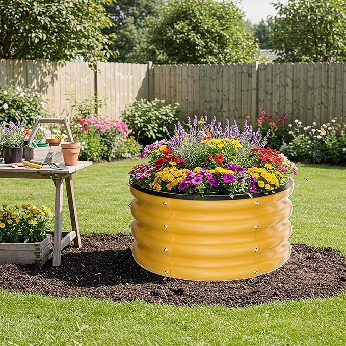 ZXZYHFTY Round Galvanized Raised Garden Bed kit,Yellow Outdoor Garden Raised Planter Box, Round Large Metal Raised Garden Beds for Vegetable 2 * 2 * 1ft 3 Pcs
