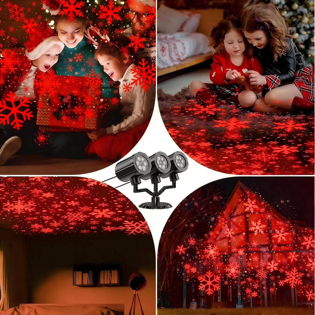 Three Head Christmas Snowflake Projector Lights, Vermilion, A | IP65 Waterproof, 360° Rotatable, 9 Snowflake Patterns, LED Projection for Indoor Outdoor Xmas Decor