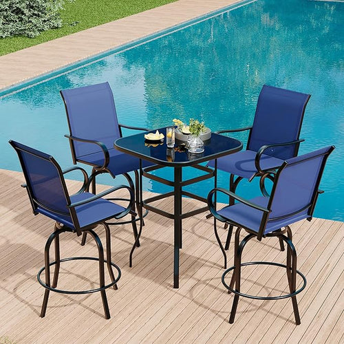 5 PCS Outdoor Bar Set with Outdoor Bistro Table and Chairs Set of 4, Bar Height Outdoor Dining Set, All Weather Mental Textilene High Swivel Bar Stools Chair Set of 4 and High Glass Bar Table