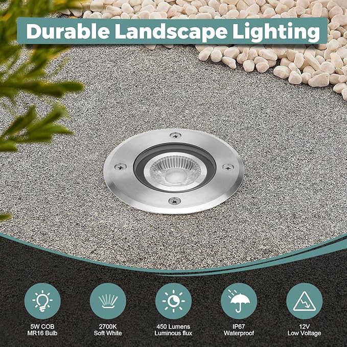 Gardencoin Low Voltage Landscape LED Well Lights, 12V in Ground Lights Outdoor IP67 Waterproof, 4.3 inch Wired Landscape Up Lighting, Included Replaceable 5W 2700K MR16 Bulb Dimmable, 12 Pack