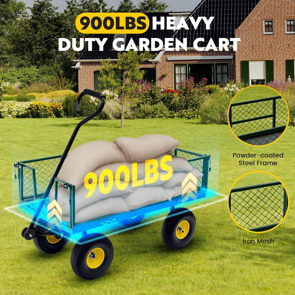 steel garden cart, 2-in-1 heavy duty utility wagon, close-up detail
