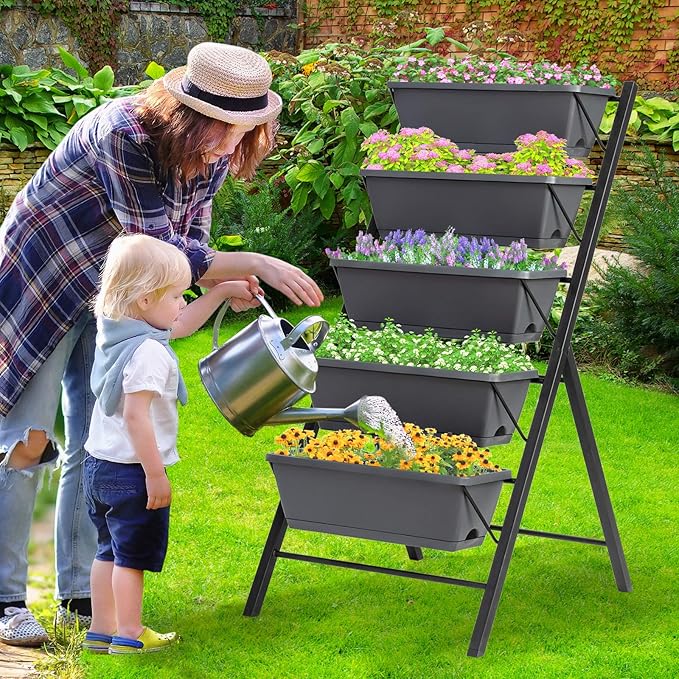 Giantex Set of 2 Vertical Raised Garden Bed, Elevated Planter Raised Beds with Water Drainage, Freestanding 5 Container Boxes for Vegetables and Flowers Growing, Outdoor Indoor Patio Balcony