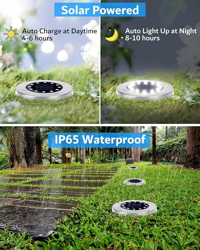 Biling Solar Outdoor Lights 12 Pack, Bright 12 LEDs Solar Ground Lights Waterproof, Flat Landscape Lighting Solar Powered for Yard Walkway Pathway Garden Driveway (White)