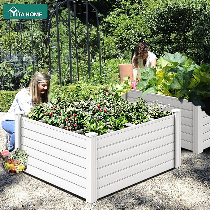 YITAHOME 4x4x2 FT Plastic Raised Garden Bed Kit, Large Outdoor Above Ground Planter Box with Growth Grid for Plants, Vegetables, and Flowers, Easy Installation, White