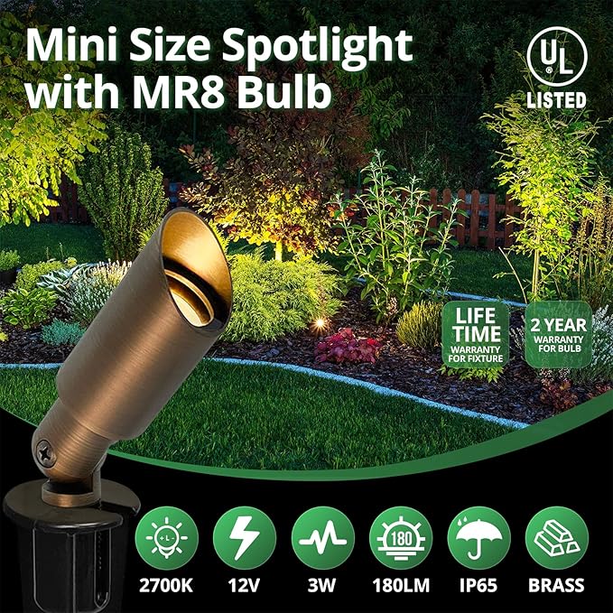 GKOLED Mini Size Brass Landscape Spotlight, Low Voltage 12V AC/DC Outdoor Directional Up Light, 180 LM, 3W MR8 LED Bulb ABS Ground Stake, 2700K Warm White, Garden Patio Trees Spot Uplight