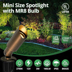 GKOLED 6 Pack Mini Size Brass Landscape Spotlight, Low Voltage 12V AC/DC Outdoor Directional Up Light, 180 LM, 3W MR8 LED Bulb ABS Ground Stake, 2700K Warm White, Garden Patio Trees Spot Uplight