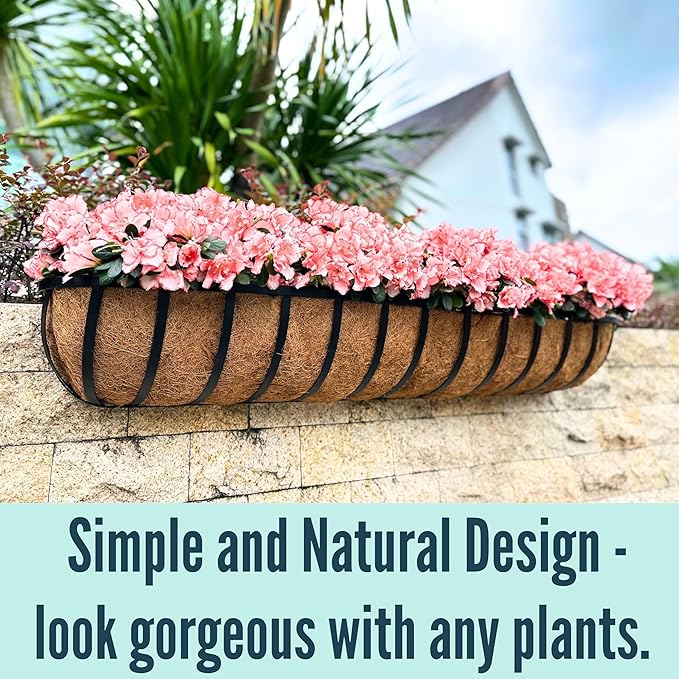 LaLaGreen Wall Hanging Planters (48 Inch, 4 Pack) Long Window Flower Box Planter with Coco Liner, Black Metal Rectangular Outdoor Plants Attach to House Horse Trough Fence Balcony Garden Porch Patio