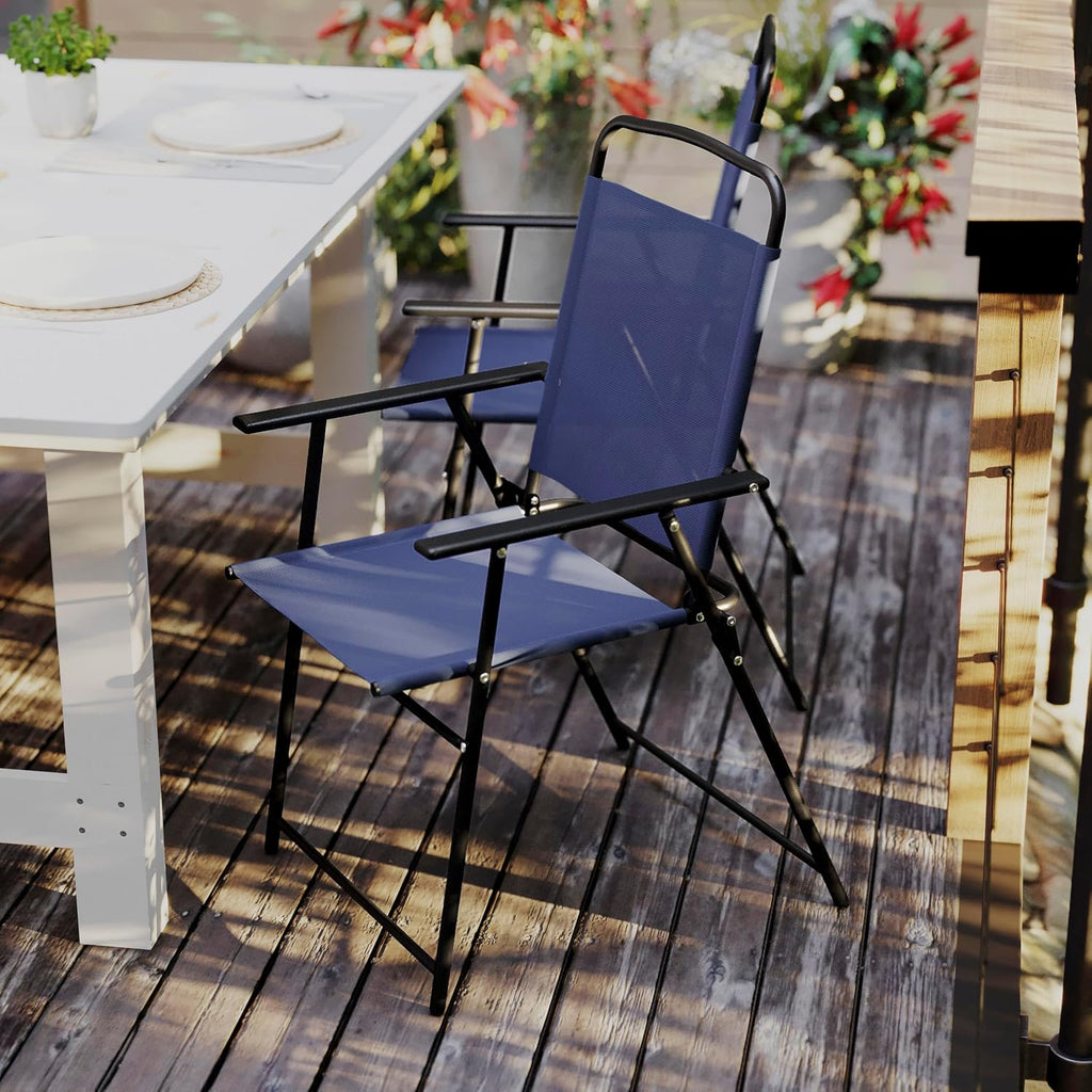 Flash Furniture Mystic Folding Patio Sling Chairs, Outdoor Textilene Lawn Chairs with Armrests, Set of 2, Navy | Textilene