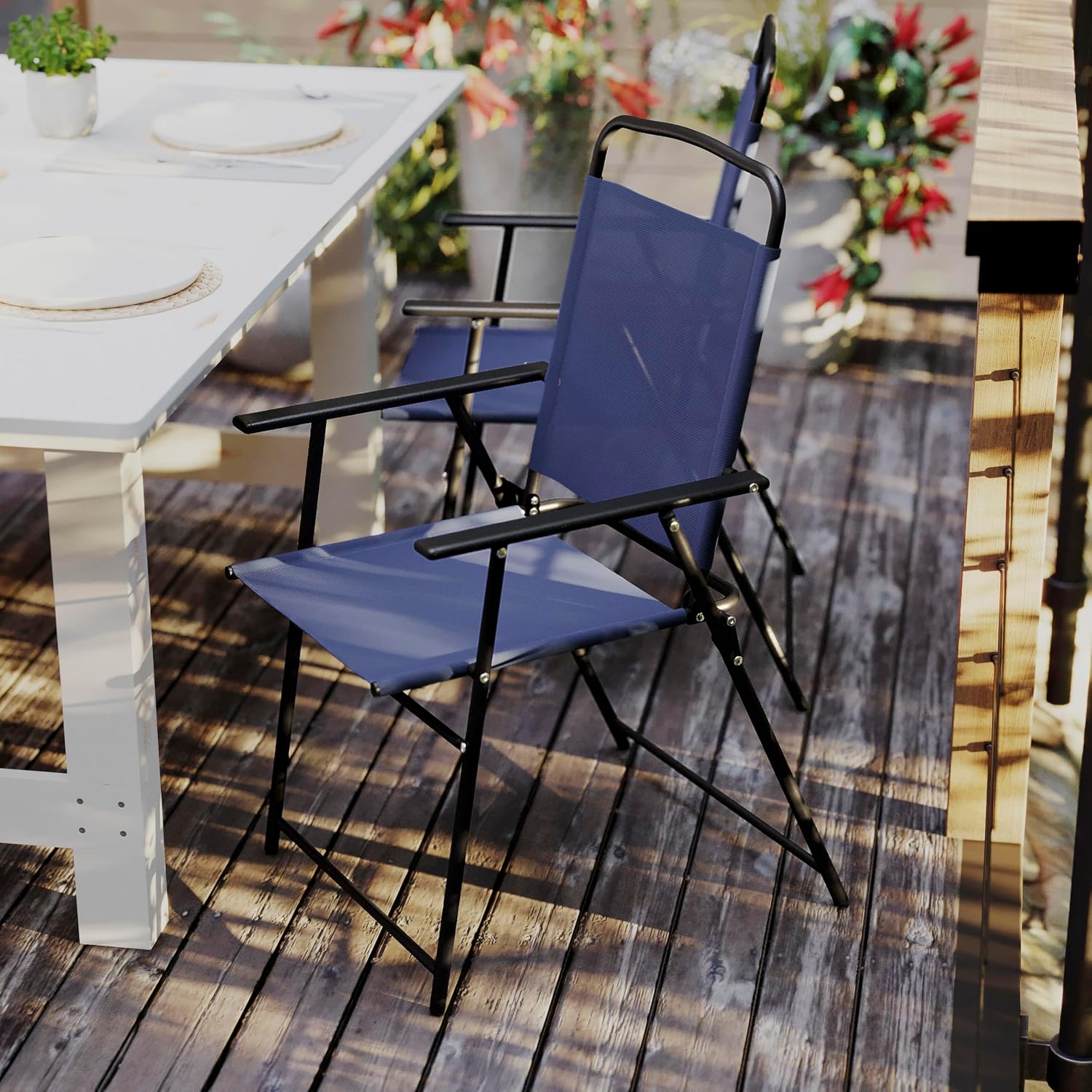 Flash Furniture Mystic Folding Patio Sling Chairs, Outdoor Textilene Lawn Chairs with Armrests, Set of 2, Navy | Textilene
