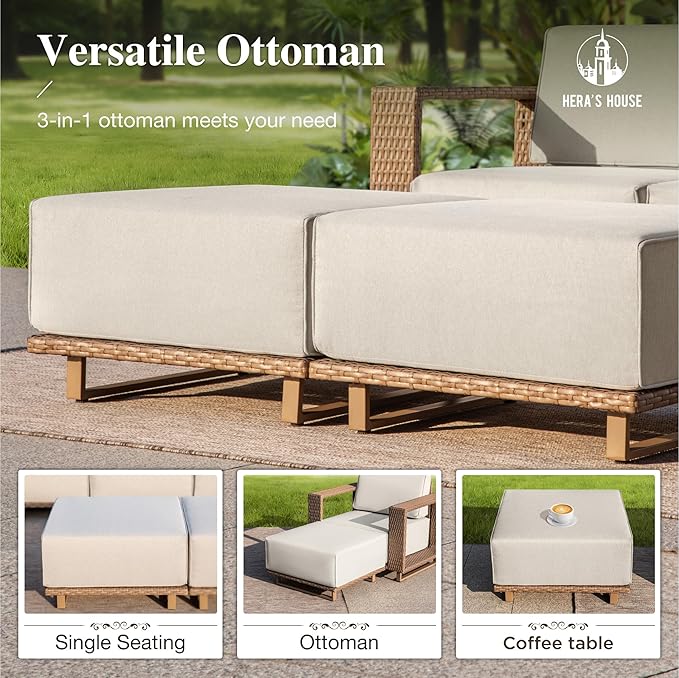HERA'S HOUSE 8 Pieces Patio Furniture Set, 6 Sectional Outdoor Rattan Wicker Sofas with 2 Ottomans, All Weather Patio Conversation Set with 5.3" Widened Armrest, 10" Premium Ultra Thick Comfy Cushion