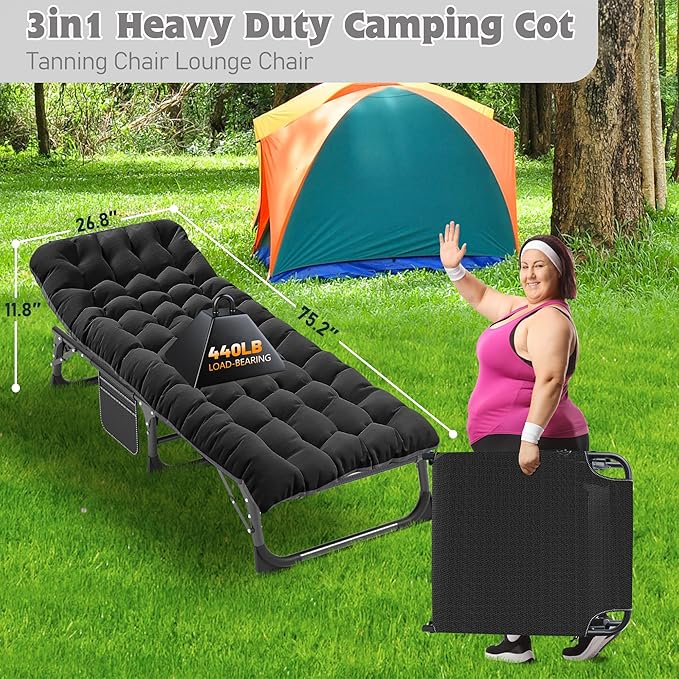 ABORON 2PK Oversized Chaise Lounge Chair,5 Positions Padded Outdoor Tanning Chair,Heavy Duty Portable Chair for Sunbathing Patio Pool Lawn Deck Poolside,Support up to 440 Lbs, Deep Black-2 Set
