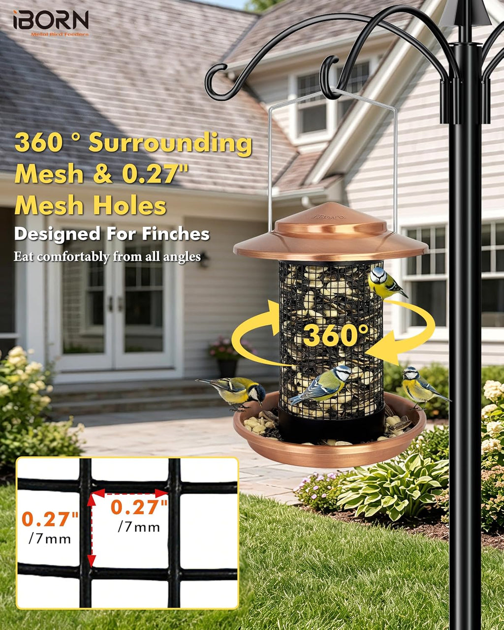 Metal Peanut Bird Feeder for Outdoors, Chew Resistant, 2.2lbs, 1Pk, Copper | Hanging, All-Metal, Detachable & Locking Base, Durable, Mesh Design, Easy to Clean, Spill-Proof