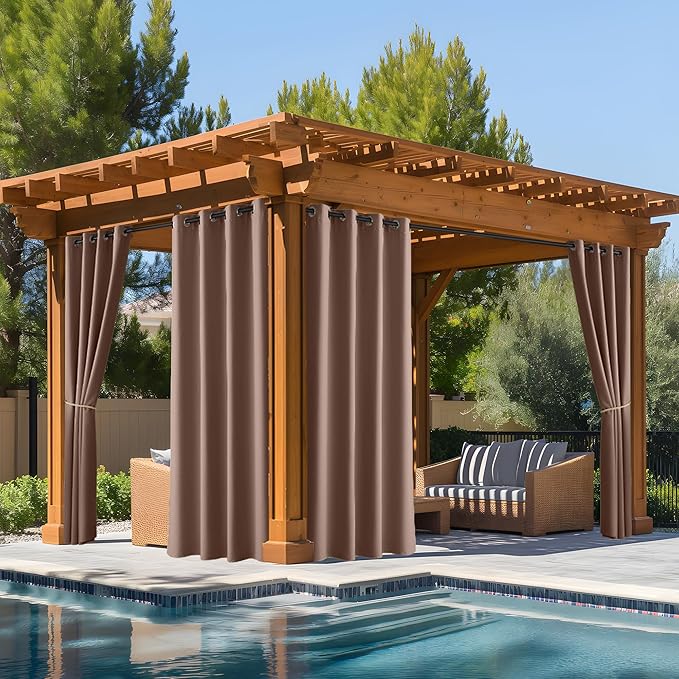 NICETOWN Fade Resistant Outdoor Curtains for Patio Waterproof, Lightfastness Grade 4 Longlasting Outside Drapes for Porch, Gazebo, Sun Blocking & Privacy Blackout Shades 2 Panels, Tan, W52 x L96 in