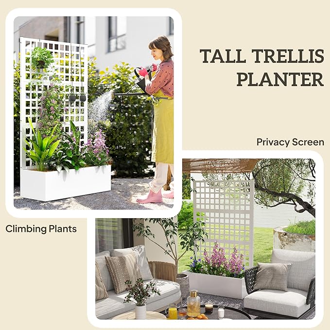 Outsunny Galvanized Raised Garden Bed with Trellis, Metal Planter Box with Drainage Holes, Outdoor Privacy Screen for Climbing Plants, Vegetable, Vines, 43" x 16" x 70", 2 Pack, White