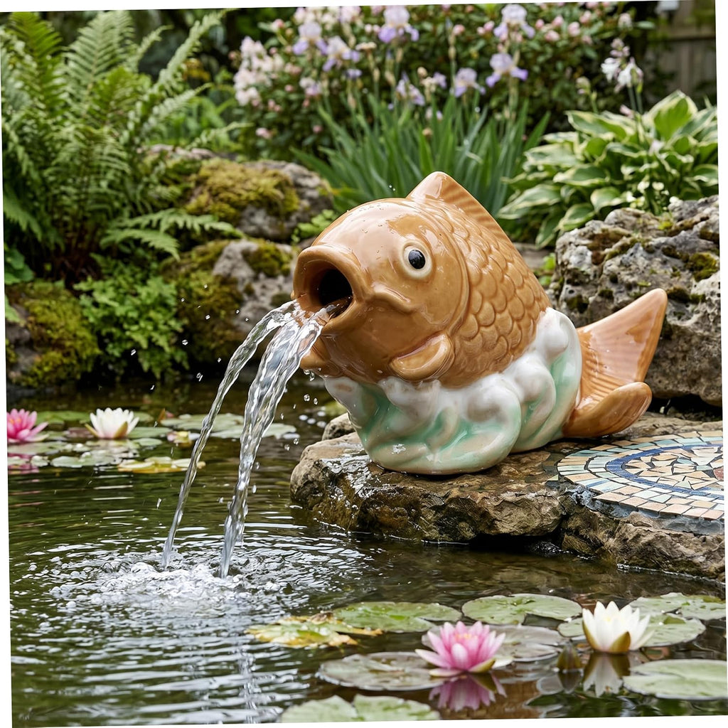 Ceramic Koi Fish Pond Spitter - Lifelike Water Fountain Spout for Small Ponds, Gardens & Pools, Style 1