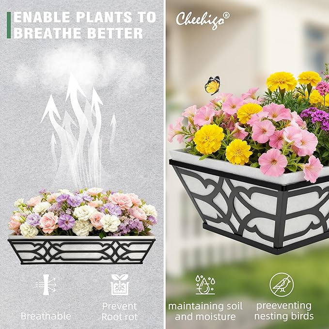 2 Pack 24 Inch Railing Boxes Planter for Outdoor Plants Adjustable Brackets for Porch Fence and Balcony Window Planter Box with Non-Woven Fabric Liner for Hanging Flower Baskets (2, Black)