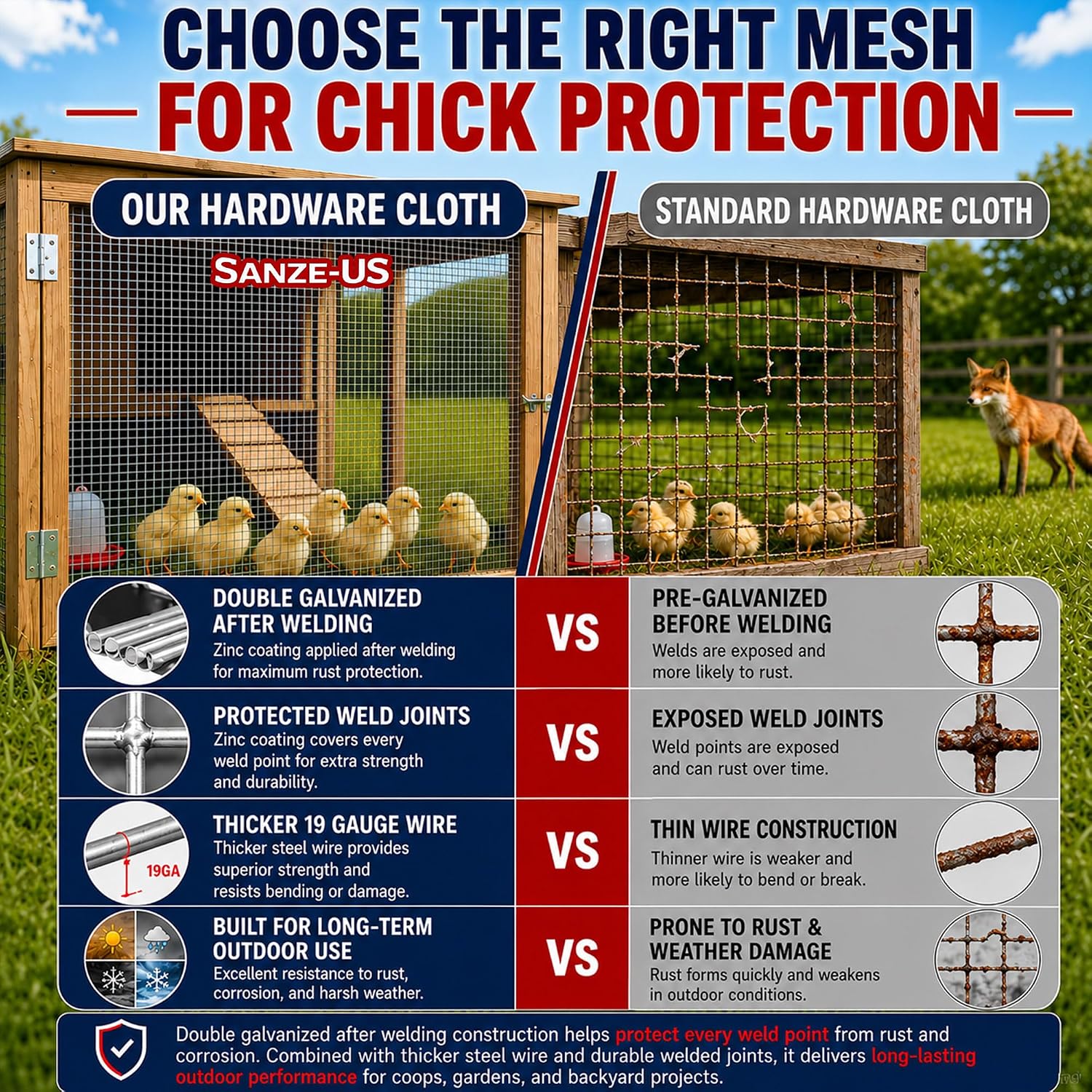 SANZEUS Hardware Cloth, 48in x 100ft 1/2in Mesh, 19GA Chicken Wire Fencing | Hot-dip galvanized after welding, heavy-duty wire mesh, rust resistant, chicken coops, garden beds, rabbit cages, tree guards