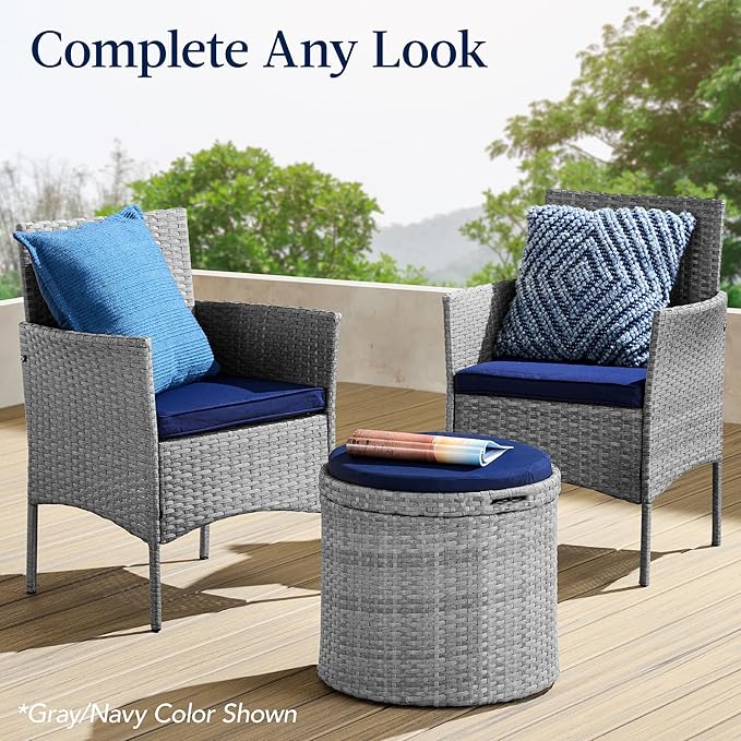 Best Choice Products Round Wicker Ottoman, Multipurpose Outdoor Furniture for Patio, Backyard, Additional Seating, Footrest, Side Table w/Storage, Removable Cushions – Gray/Black