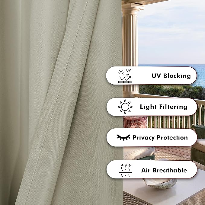 BONZER Waterproof Outdoor Curtains for Patio Porch Pergola Cabana Light Filtering Privacy Grommet Indoor Curtain Panels for Bedroom Living Room, 1 Panel, 84W x 95L inch, Taupe