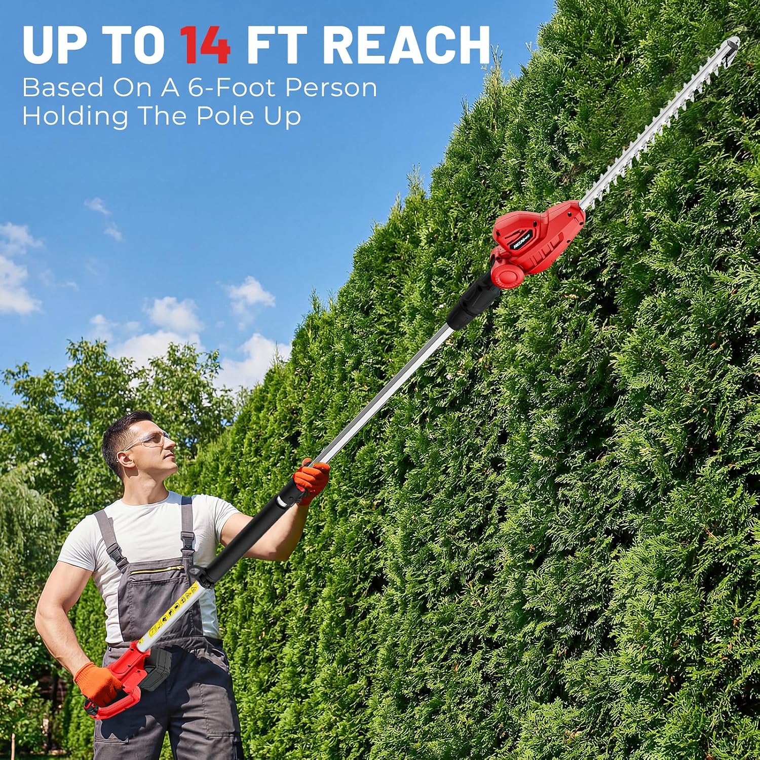 HEINPRO Cordless Pole Hedge Trimmer Compatible with Milwaukee M18 Battery | 18-in, 14-ft Max Reach, 150° Adjustable Head (Battery Not Included), Shoulder Strap, 18-in Blade for High Hedges & Bushes