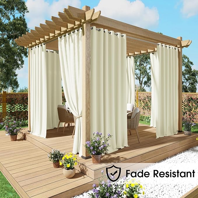 NICETOWN Fade Resistant Outdoor Curtains for Patio Waterproof 2 Panels, UV Protection Grade 4 Lightfastness Fade-Proof & Blackout Drapes for Deck, Porch, Gazebo, Light Beige, W52 x L96 Each Panel
