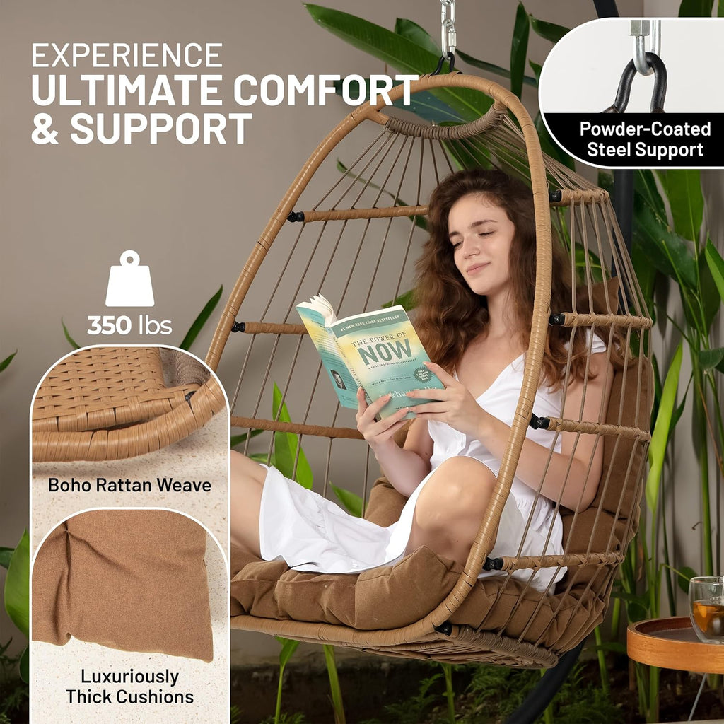 SereneLife Hanging Egg Chair w/Stand - Wicker Rattan Swing, Padded Cushion | Foldable Design, Weather-Resistant Cushion & Padded Headrest Included, 350 lb Capacity, Great for Patio, Backyard & Bedroom.