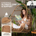 SereneLife Hanging Egg Chair w/Stand - Wicker Rattan Swing, Padded Cushion | Foldable Design, Weather-Resistant Cushion & Padded Headrest Included, 350 lb Capacity, Great for Patio, Backyard & Bedroom.