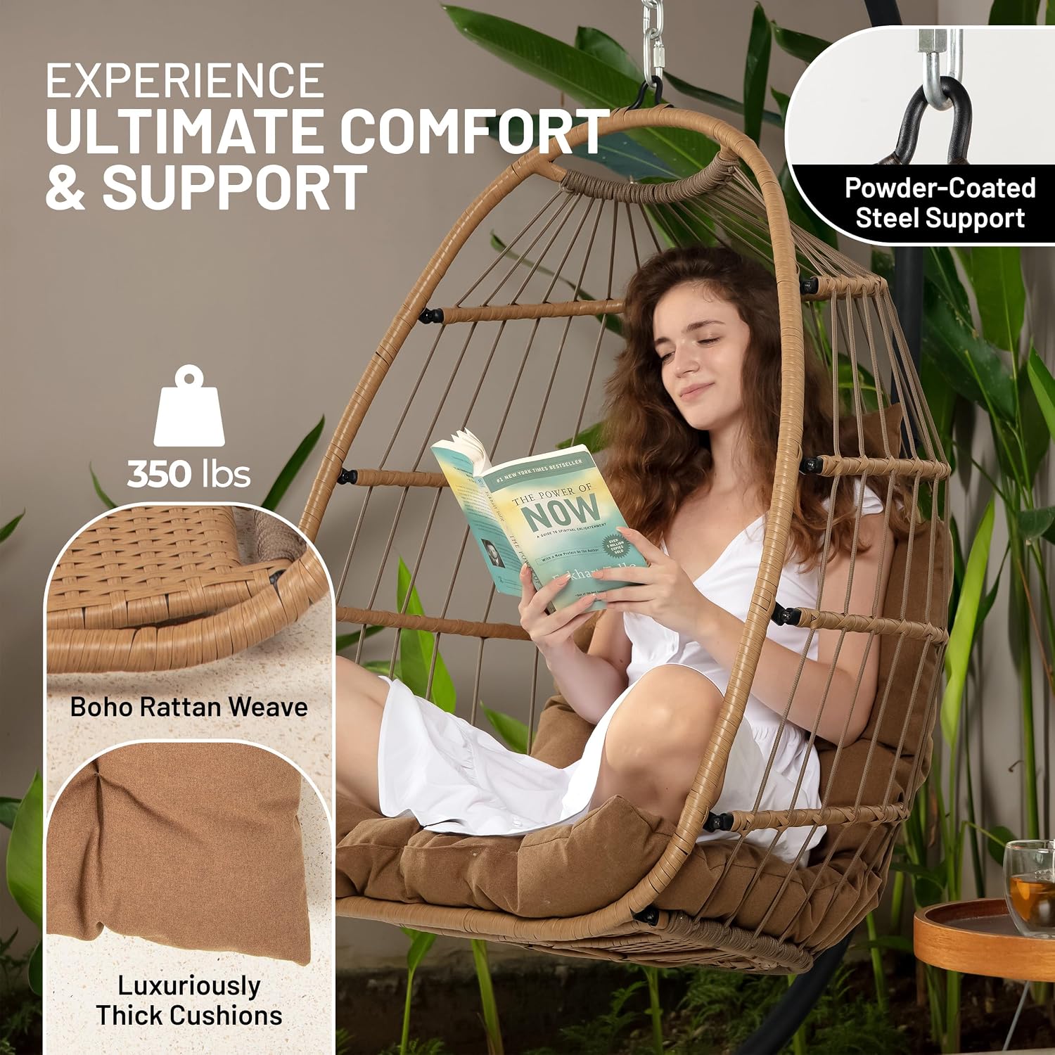 SereneLife Hanging Egg Chair w/Stand - Wicker Rattan Swing, Padded Cushion | Foldable Design, Weather-Resistant Cushion & Padded Headrest Included, 350 lb Capacity, Great for Patio, Backyard & Bedroom.