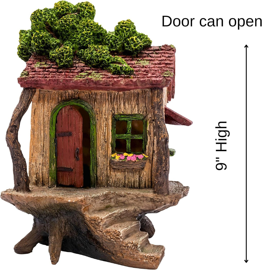 Fairy Garden Treehouse for Outside - Large Fairy House | Hand-painted resin; door opens; water resistant; treehouse stands 9 inches high; outdoor and indoor miniature decor