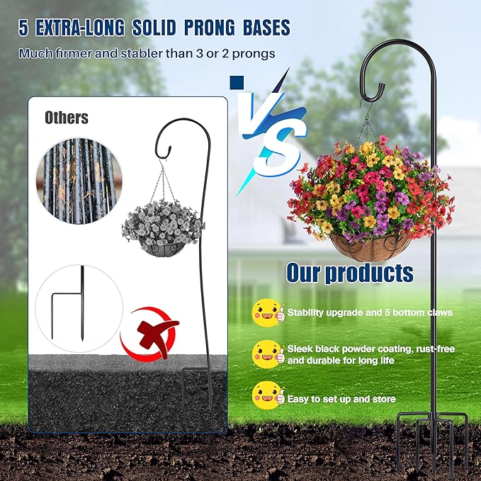 Ottsuls Bird Feeder Pole, 45 INCH Heavy Duty Shepherds Hooks for Outdoor with 5 Prong Base, Adjustable Stand Hanger for Garden Plant, Hummingbird Feeder, Lantern, Hanging Wedding Decor (2 Pack)