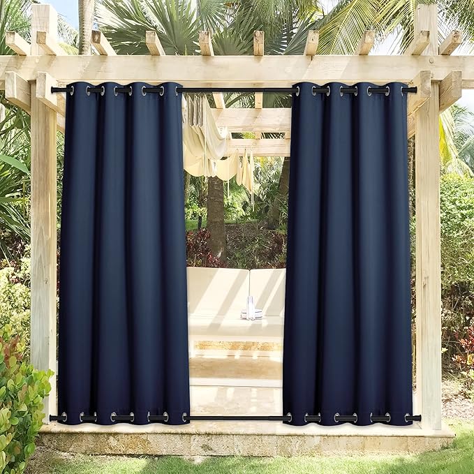 NICETOWN Gazebo Curtains Outdoor Waterproof & Windproof 95 inch Length 2 Panels, Top and Bottom Wind-Break Outdoor Dividers Thermal Insulated Blackout Blinds for Patio, Navy Blue