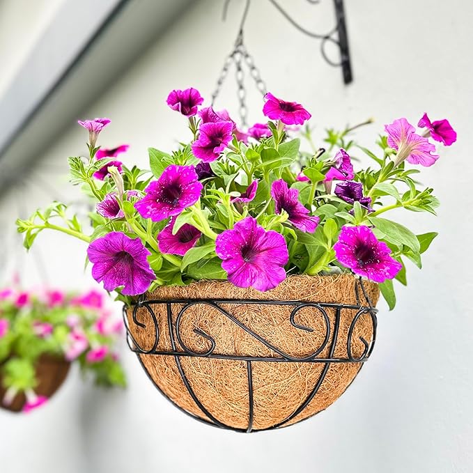 LaLaGreen Hanging Baskets for Plant Outdoor (18 Inch, 4 Pack) Large Black Metal Wire Hanging Planter with Coco Liner Round Flower Pot Hook Holder Hanger Deck Porch Country Modern Garden Balcony Decor