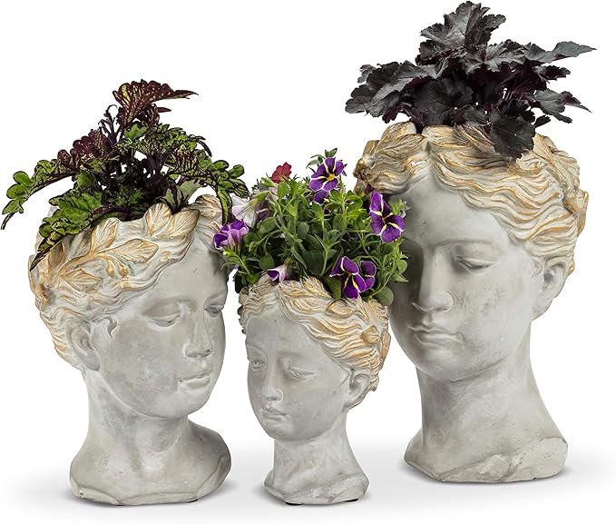 Abbott Collection Aphrodite Head Planter – Small Indoor and Outdoor Planter Pots – Whimsical Woman Statue Head Planter for Flowers and Succulents (Grey/Gold, 8.5" Tall, 3.5" Opening)
