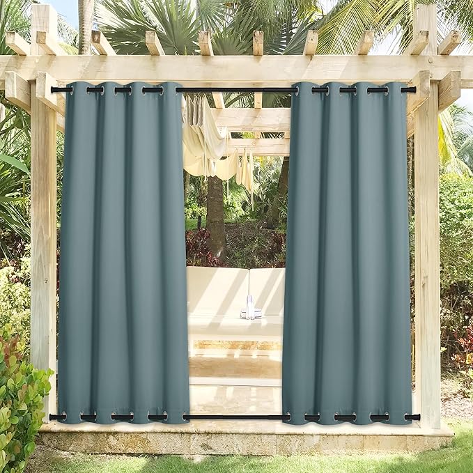 NICETOWN Outdoor Curtains for Patio Waterproof & Windproof 2 Panels, Thermal Insulated Top and Bottom Fixed Rustproof Grommets Light & Cold Block Outdoor Curtains for Pool, W52 x L95, Greyish Blue