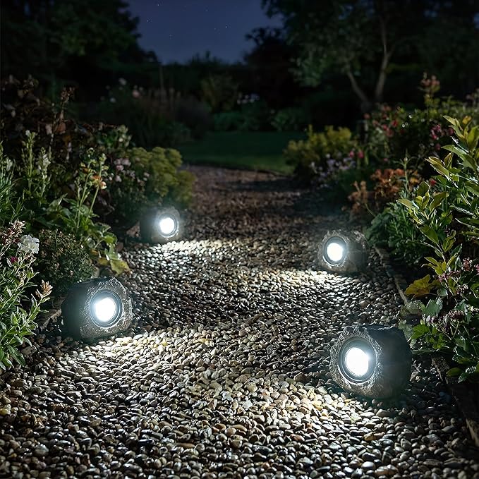 Solar Rock Lights Outdoor – 4 Pack Waterproof LED Landscape Garden Spotlights, Realistic Stone Design, Wireless Solar Powered Pathway Lights for Yard, Walkway, Patio & Lawn Decoration (Auto On/Off)