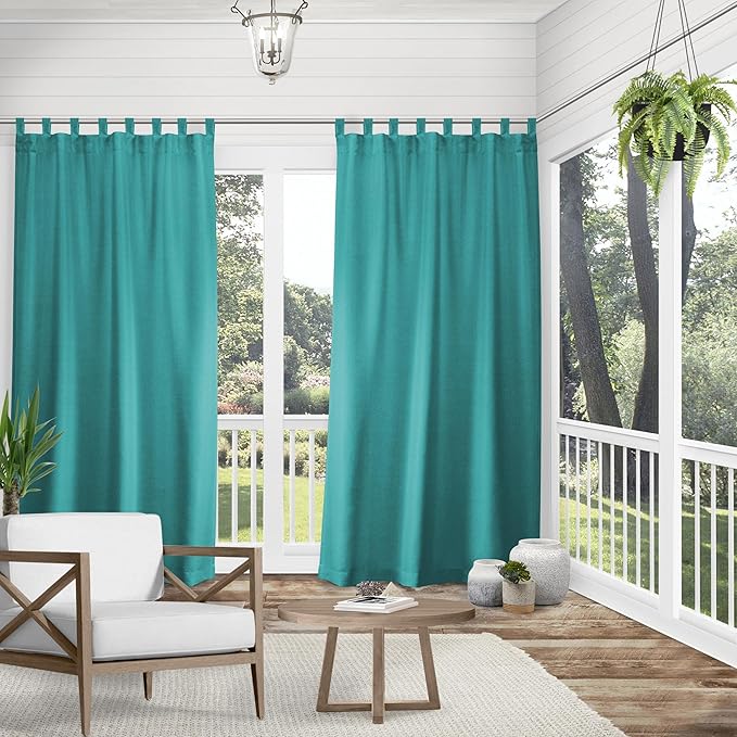 EXCLUSIVE HOME Cabana Solid Indoor/Outdoor Light Filtering Hook-and-Loop Tab Top Curtain Panel Pair, 54"x84", Teal