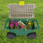 rolling garden cart with seat - plastic storage shown in use