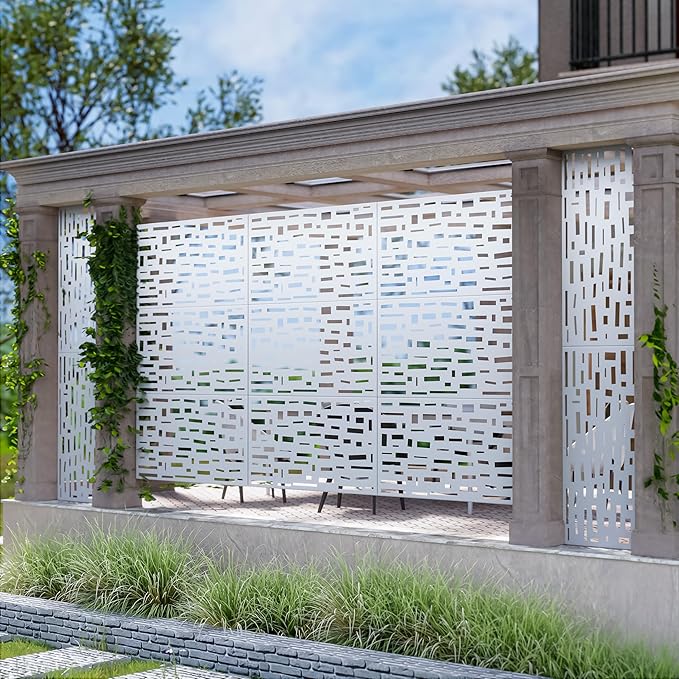 Casaphoria Metal Privacy Screen Outdoor, 72" H x 47" W Freestanding Decorative Privacy Screen for Patio Deck Balcony Garden with Stable Base, White-Gerald