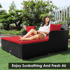 COSTWAY Outdoor Patio Rattan Daybed, Sponge Cushioned Loveseat Sofa with 4 Pillows, Wicker Furniture Sunbed for Balcony, Courtyard (Red)