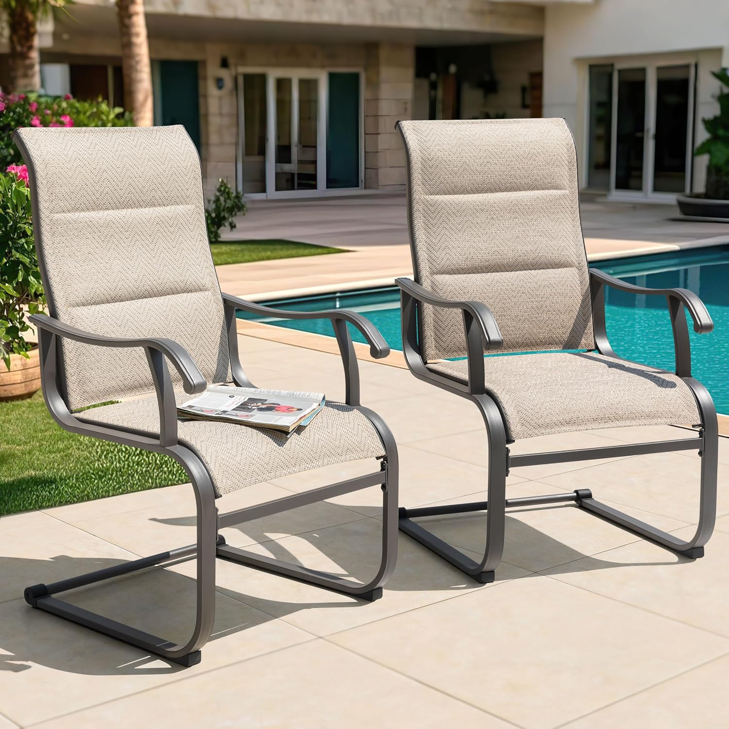 NUU GARDEN Patio Dining Chairs Set of 2, High-Back Outdoor Chairs with Breathable Textilene, All-Weather Metal Frame for Garden, Deck, Backyard and Porch, Grayish Beige