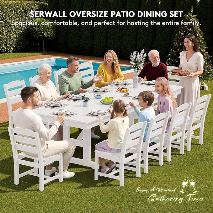 SERWALL Outdoor Dining Table, 84" Rectangular Dining Table for 6-10 Person, All Weather HDPE Outdoor Furniture for Backyard, Garden, White