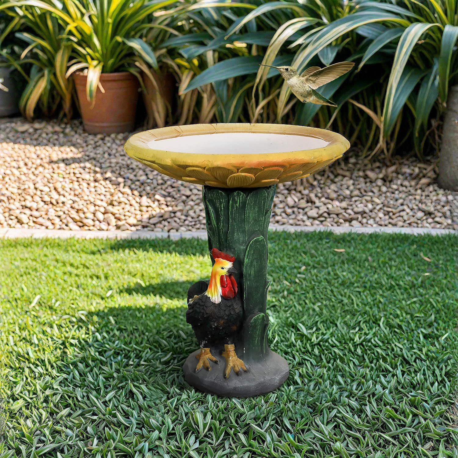 SKYFIRE 23" H Outdoor Concrete Bird Bath - Sunflower Birdbath Bowl with Leaf Pedestal for Garden, Patio, Lawn, Yard, Outdoor Decor -20”Dia. X 23”H Rooster and Chicken Bird Bath Outdoor Garden Statue