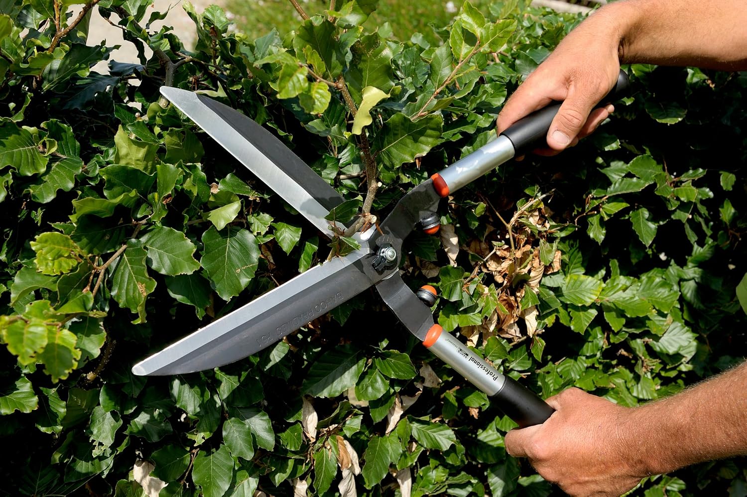 Bahco BAHP51-SL Professional Hedge Shears, 22.5" Length, 3/8" Cut Capacity | Fully Hardened Partly Serrated Blade, Aluminum Handles, Comfort Grips, Shock Absorbers, Bolt Lock, Controlled Hedge Trimming