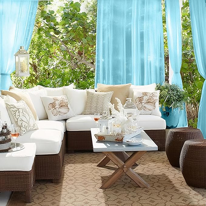 RYB HOME Outdoor Sheer Curtains Waterproof for Patio, Linen Look Semi Transparent Airy Drapes Sun Light Filter for Cabana Pavilion Balcony, 54 inch Wide by 96 inch Long, 2 Pcs, Teal