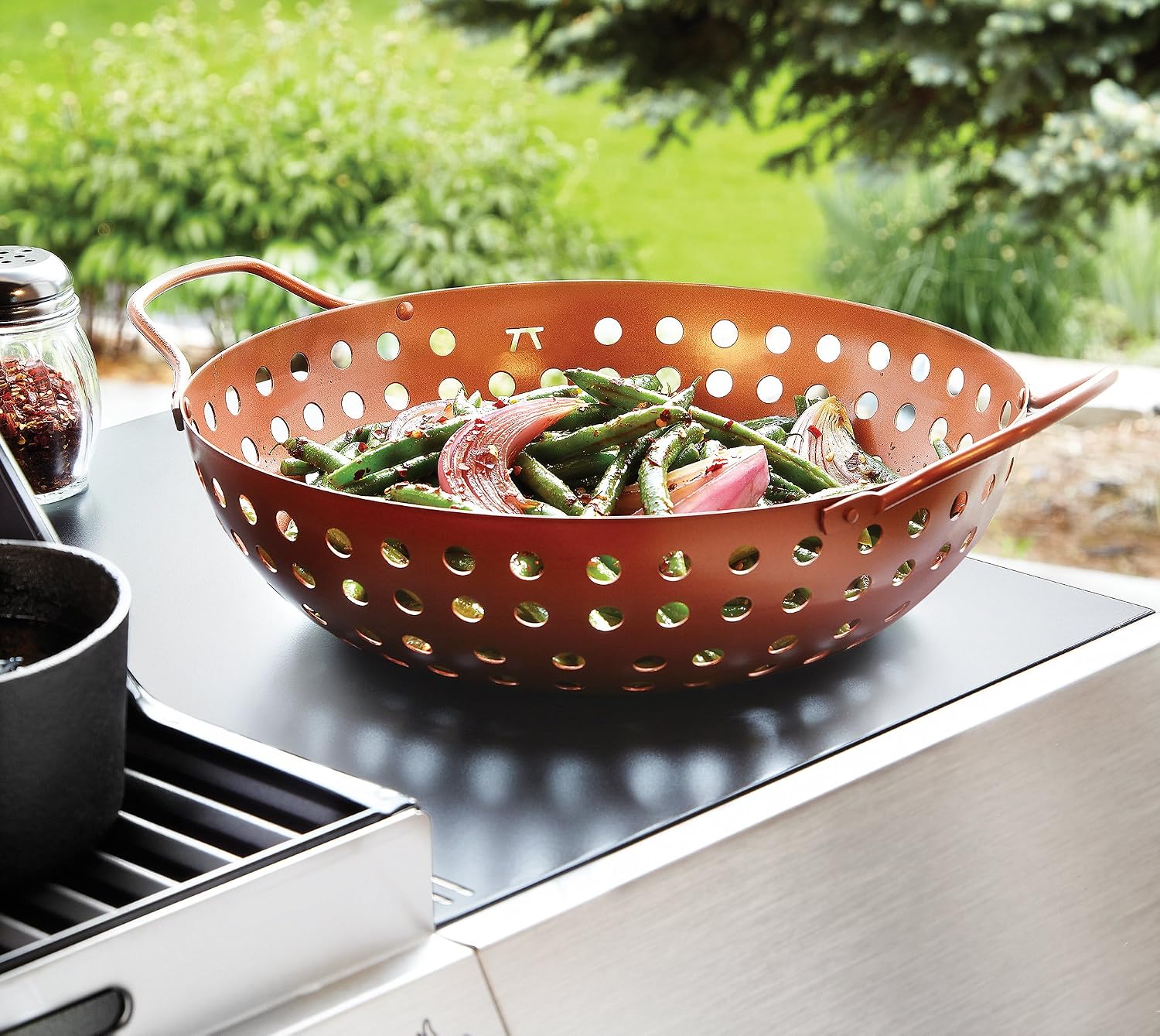 Outset Grill Wok With Holes, Copper Non-Stick, Round With Handles