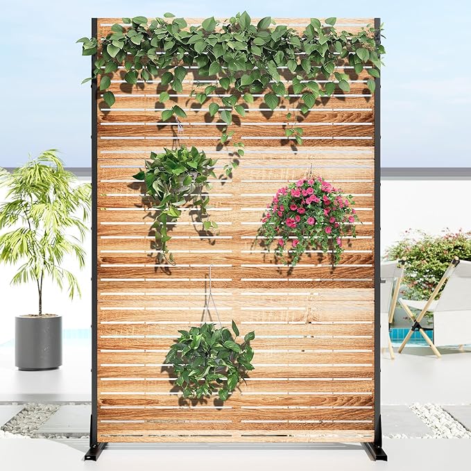 Casaphoria Metal Privacy Screen Outdoor, 72" H x 47" W Freestanding Decorative Privacy Screen for Patio Deck Balcony Garden with Stable Base,Wood Color