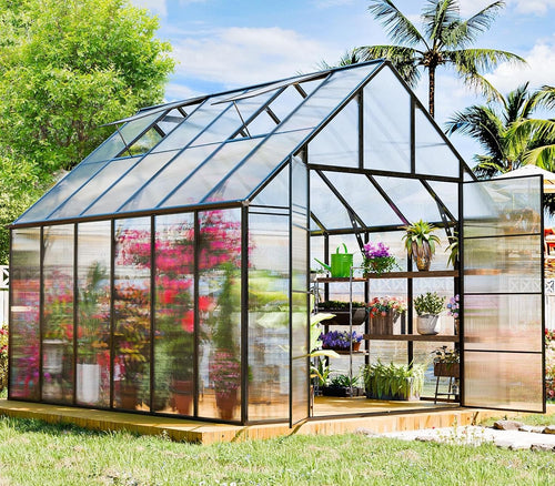 12x10 ft polycarbonate greenhouse for outdoor, heavy duty shown in use