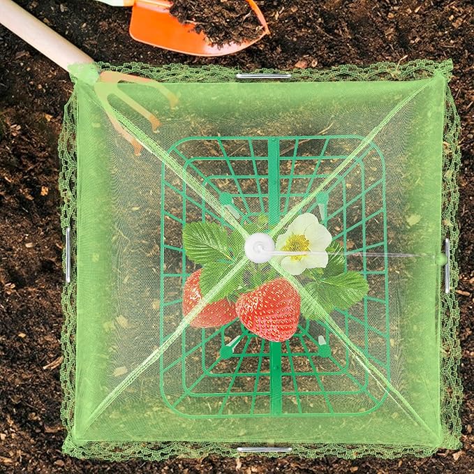 4 Sets Strawberry Plant Support with Mesh Cover - Square Gardening Frame, Animal Barrier, Iron Stakes & Storage Bag for Healthy Strawberries, Tomatoes, Veggies (Green) (4 pcs)