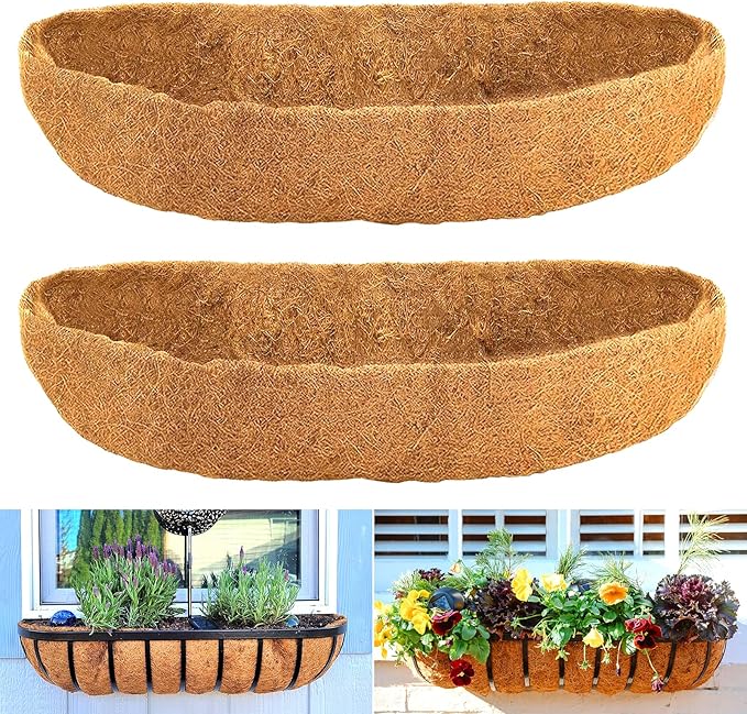 Coco Liners for Planters - 2 Pack 24 Inch Trough Coconut Liners for Planters, Window Box Coco Liners, 100% Natural Coconut Fiber Liners for Wall Hanging Basket, Window Box, Fence Baskets